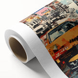 Art deco poster of Manhattan skyline in pastel shades on rolled canvas, ideal for nursery wall art.