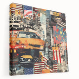 Side view of a large stretched canvas featuring a detailed Manhattan skyline in muted gray and blue tones.
