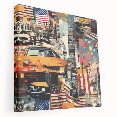 Side view of a large stretched canvas featuring a detailed Manhattan skyline in muted gray and blue tones.