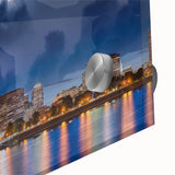 Large abstract wall art featuring a mid-century modernist Portland, Oregon skyline in muted gray tones on acrylic glass.