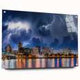Acrylic print of a large abstract portrayal of Portland, Oregon in muted gray and blue tones.