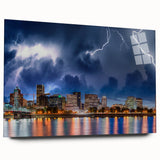 Large abstract depiction of Portland, Oregon on acrylic glass, with vibrant blue and green tones.