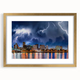 Extra large abstract art print depicting a textured Portland, Oregon skyline in muted gold and gray tones on a framed canvas.