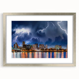 Textured abstract art print depicting a muted landscape of Portland, Oregon, in a silver frame, ideal for bedroom art.