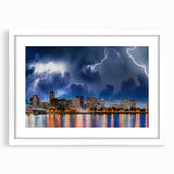 Abstract art print of Portland, Oregon, featuring muted earth tones on a framed canvas, suitable for dining room decor.