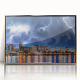 Acrylic print of Portland, Oregon skyline in muted gold tones, framed, ideal for modern art wall decor.