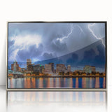 Mid-century modernist art depicting Portland, Oregon skyline in muted gray tones, framed in silver acrylic.