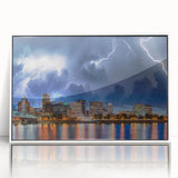 Acrylic print of Portland, Oregon skyline in muted gray tones, ideal for modern art wall decor.