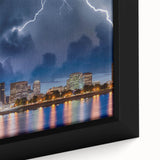 Textured black wall art featuring a colorful Portland, Oregon skyline on extra large framed canvas.