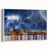 Vintage poster art of Portland, Oregon, on extra large framed canvas, featuring colorful imagery ideal for living room decor.