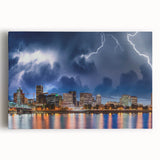 Black and white stretched canvas of Portland, Oregon skyline, suitable for kitchen art.