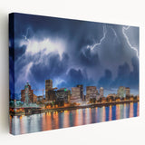 Large canvas print of Portland, Oregon skyline in muted gray and blue tones, suitable for kitchen wall art.