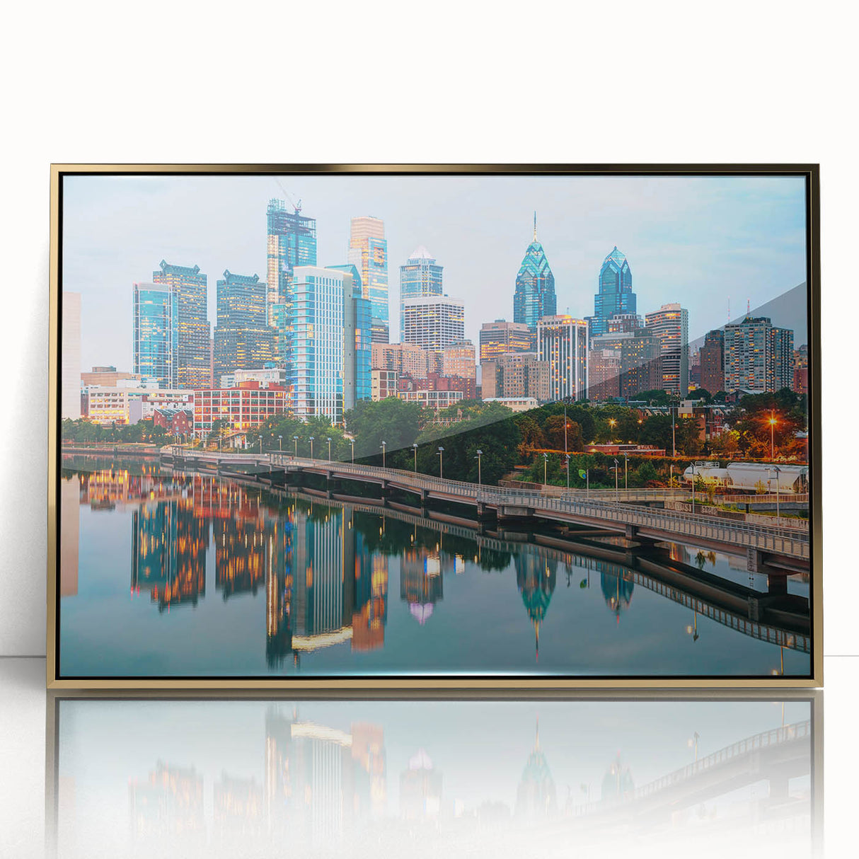 Large art print of Pennsylvania scenery in a gold frame, featuring mid-century modernist style.
