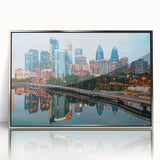 Mid-century modernist art depicting Pennsylvania scenery in muted earth tones on a silver-framed acrylic.