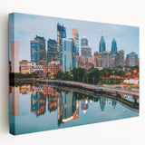 Large stretched canvas depicting a serene Pennsylvania landscape in muted green and blue tones.