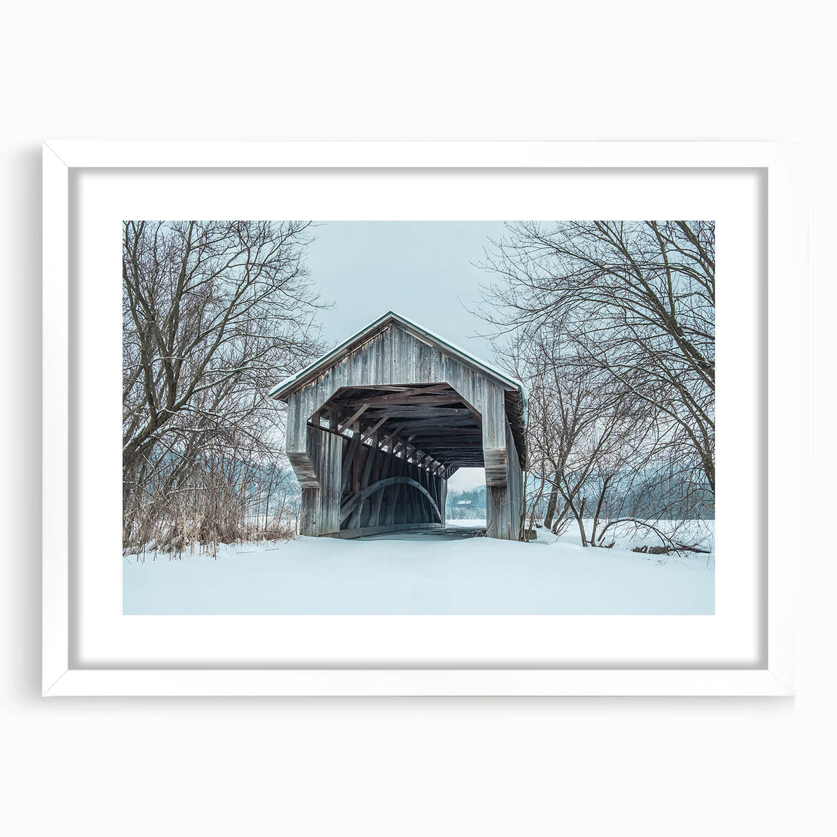 Abstract art print of Vermont landscape in muted green and blue tones on a framed white mat, ideal for dining room decor.