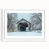 Abstract art print of Vermont landscape in muted green and blue tones on a framed white mat, ideal for dining room decor.