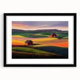 Extra large abstract art print of colorful, textured scenery of Palouse, USA, in a black frame, ideal for living room decor.