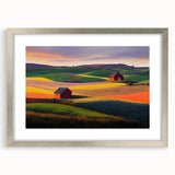 Textured art depicting abstract Palouse scenery in muted earth tones on a silver-framed print, ideal for bedroom decor.