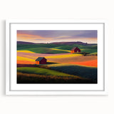 Abstract art print of Palouse, Washington scenery in muted earth tones on a framed white canvas, ideal for dining room decor.