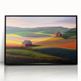 Large abstract wall art depicting the Palouse scenery in mid-century modernist style, framed in black acrylic.