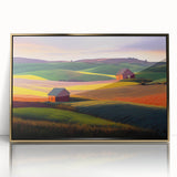 Mid-century modernist acrylic print of the Palouse scenery in Washington, featuring earthy green and golden tones.