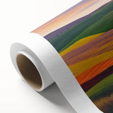 Art deco poster of the Palouse region in muted green and brown tones on rolled canvas.