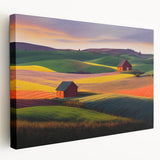 Panoramic view of the Palouse hills in muted green and brown tones on a large stretched canvas.