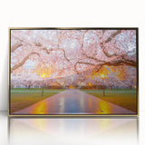 Mid-century modernist style Seattle skyline in muted gold and blue tones on a framed acrylic.