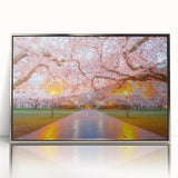 Mid-century modernist art of Seattle skyline in muted grays and blues on a framed acrylic print.