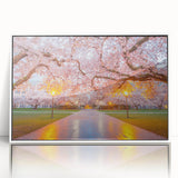 Acrylic print of Seattle skyline in muted gray and blue tones, framed in white, suited for modern art wall decor.