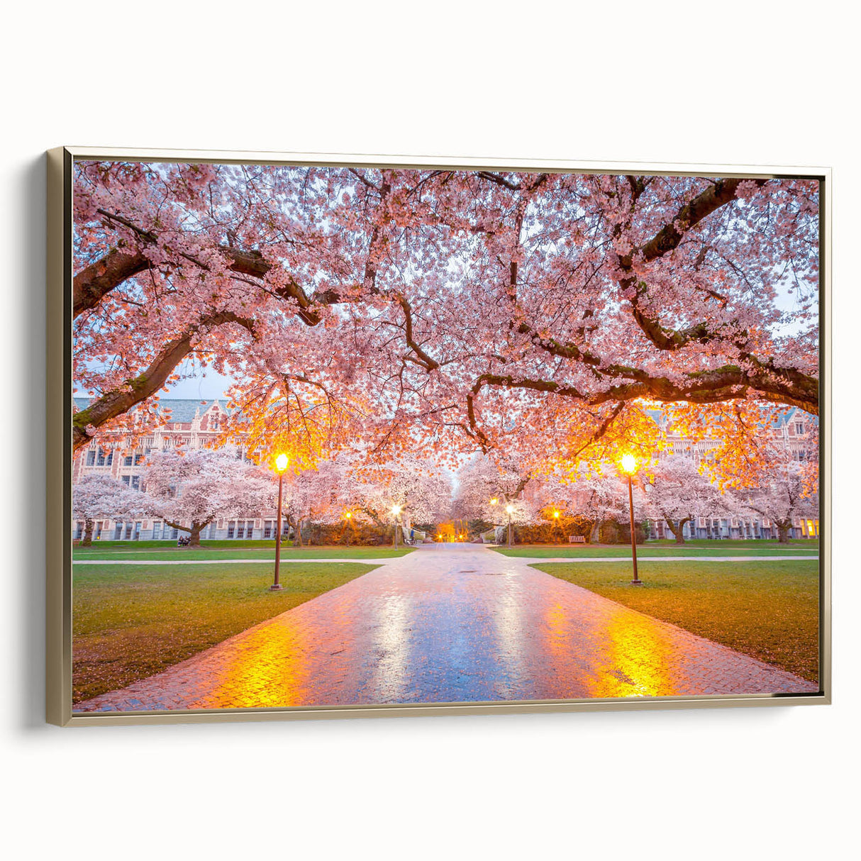 Vintage poster art of Seattle landscape on framed canvas, featuring black and gold tones, suitable for bedroom wall art.