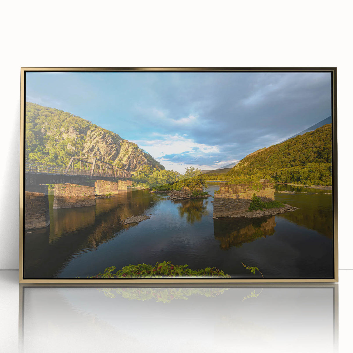 Framed acrylic print of a West Virginia landscape in mid-century modernist style, featuring earthy tones.