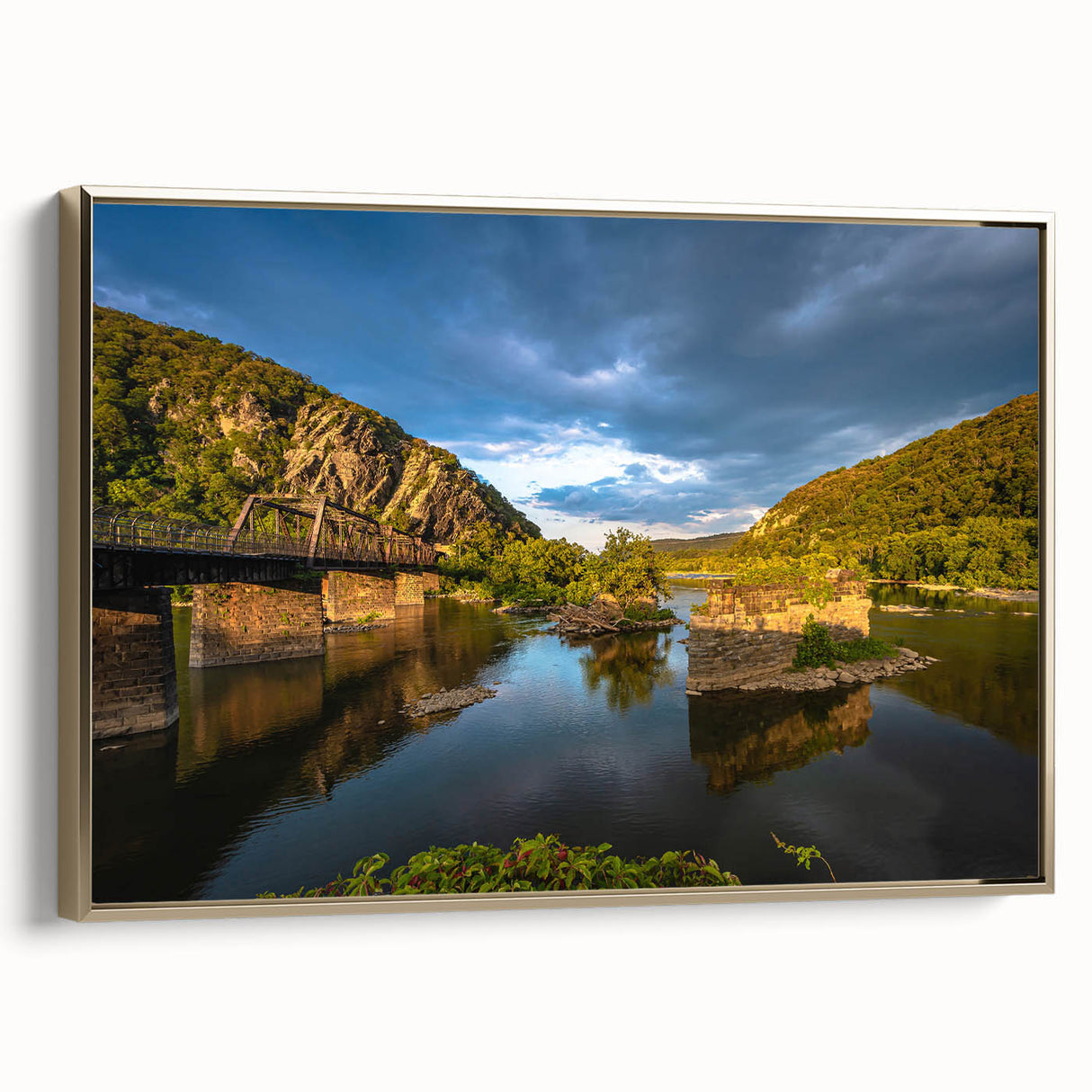Framed canvas featuring a vintage-style landscape painting of West Virginia, in muted earth tones.