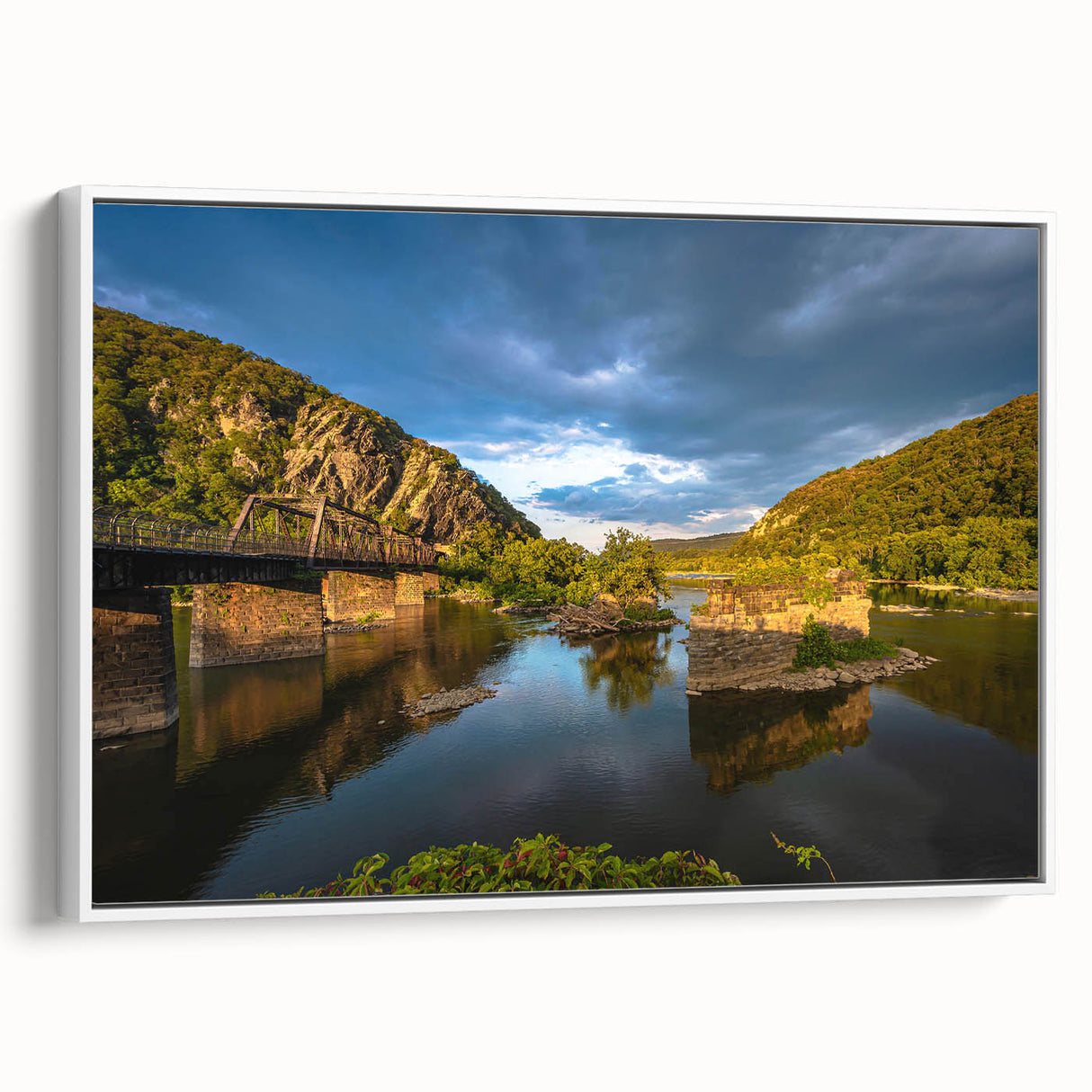 Vintage poster art of West Virginia scenery on extra large framed canvas, featuring colorful art in black.