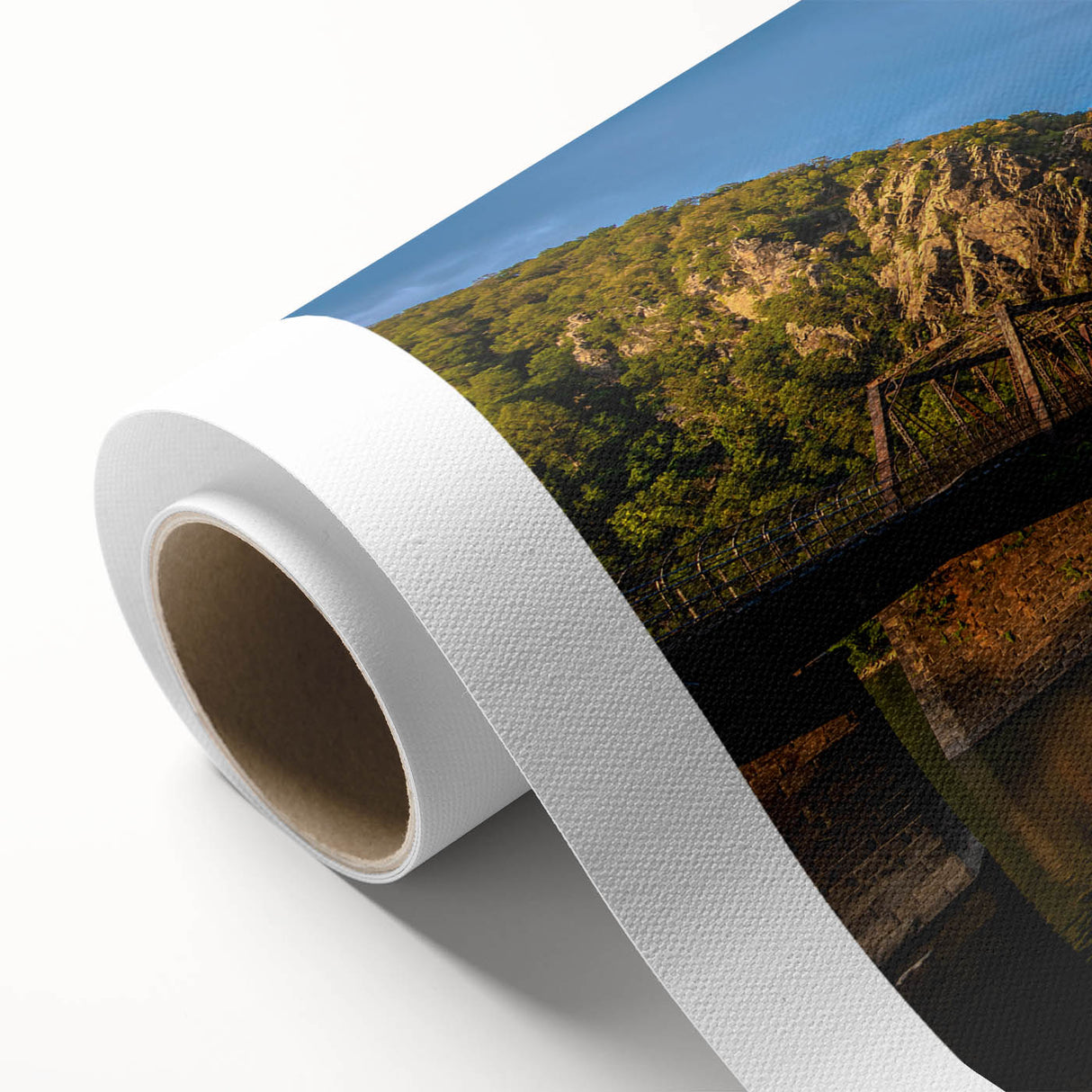 Art Deco style poster of West Virginia scenery on rolled canvas, in muted earth tones, ideal for nursery wall art.