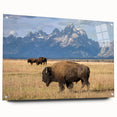 Acrylic print of the Grand Tetons with vivid blue and green tones, ideal for dining room decor.