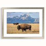 Textured art print of the Grand Tetons in muted earth tones on a framed canvas, suitable for bedroom decor.