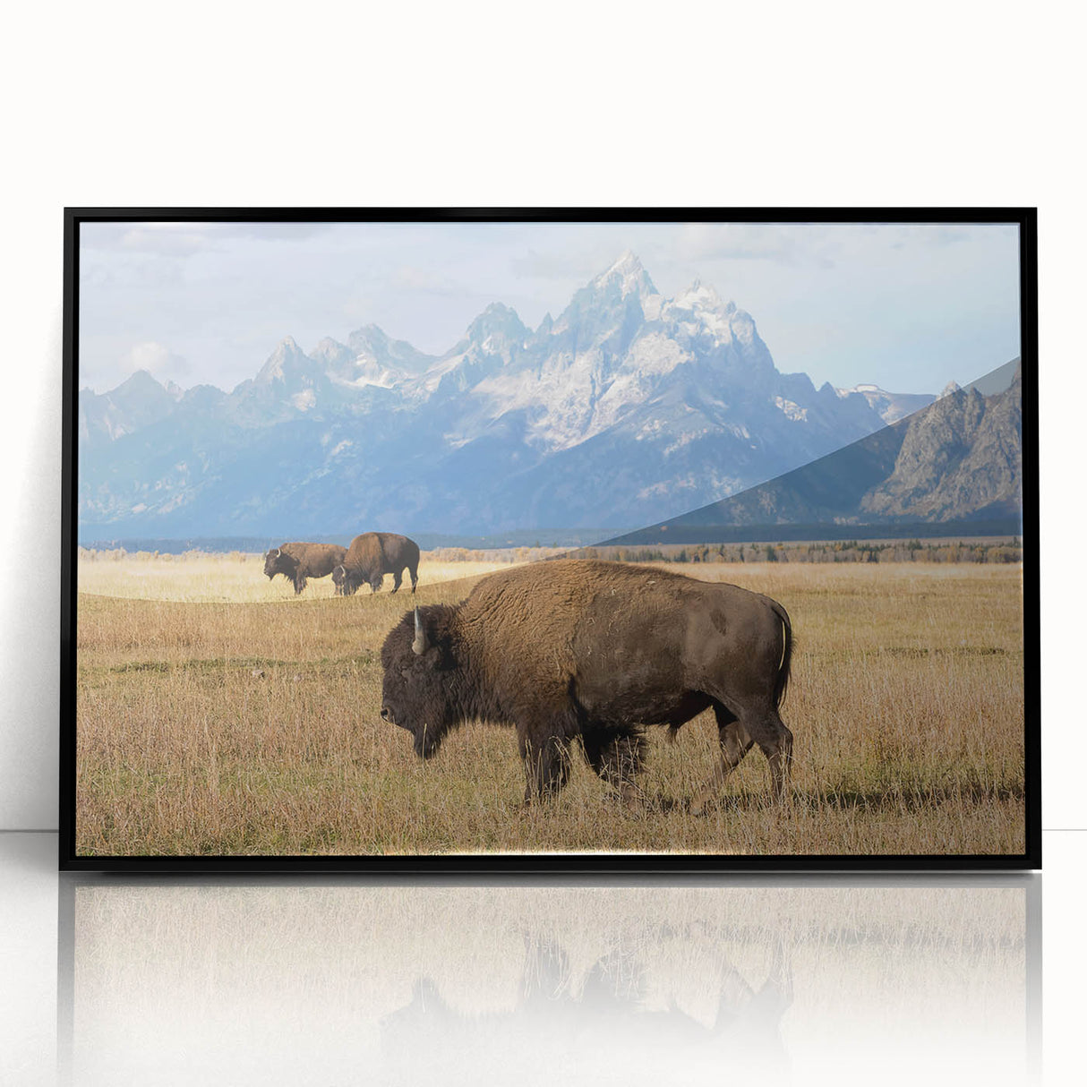 Large abstract wall art depicting the Grand Tetons, in muted earth tones, framed acrylic, ideal for modern living room decor.