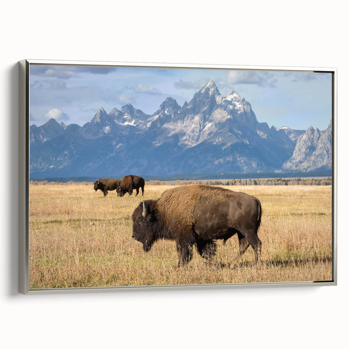Landscape art painting of the Grand Tetons on a framed canvas with a silver frame.