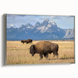 Landscape art painting of the Grand Tetons on a framed canvas with a silver frame.