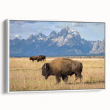 Vintage poster art of Wyoming's Grand Tetons on a framed canvas, featuring a blend of vivid colors.