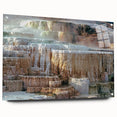 Acrylic print of Yellowstone scenery with vibrant green and blue tones, ideal for dining room decor.
