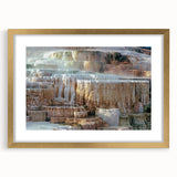 Extra large framed wall art of an abstract Yellowstone scenery in textured gold tones, ideal for living room decor.