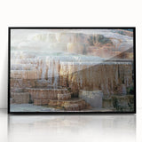 Large abstract wall art depicting Yellowstone scenery in black and white tones, framed acrylic.