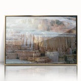 Large art print of Yellowstone scenery in mid-century modernist style, framed acrylic with a gold front.