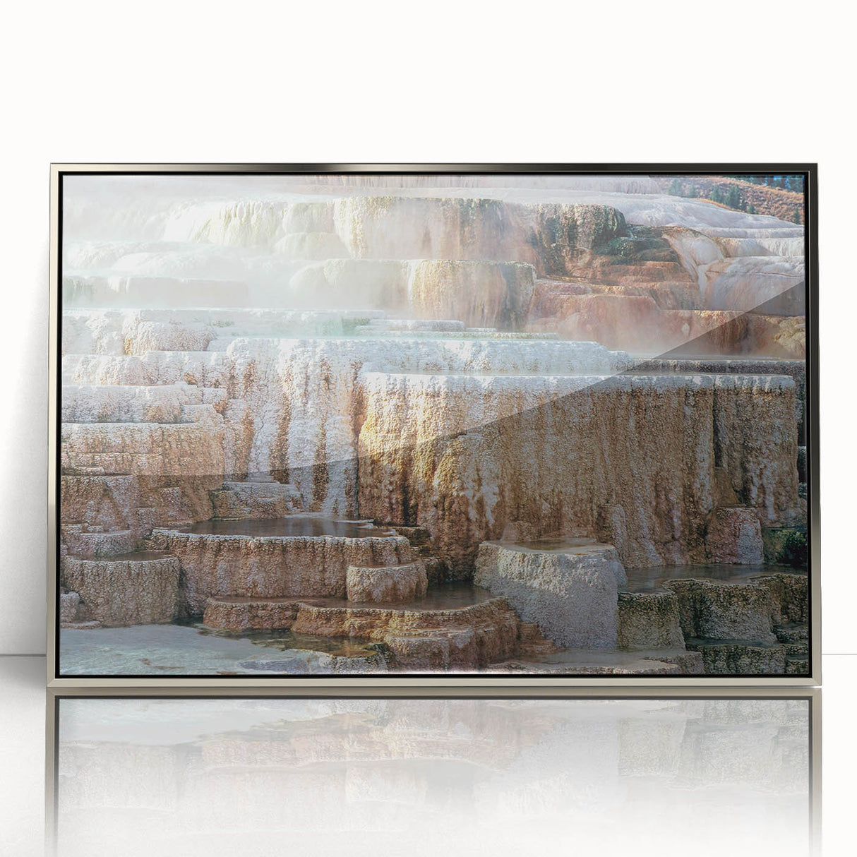 Mid-century modernist art depicting Yellowstone scenery in acrylic, framed in silver, suitable for nursery wall decor.