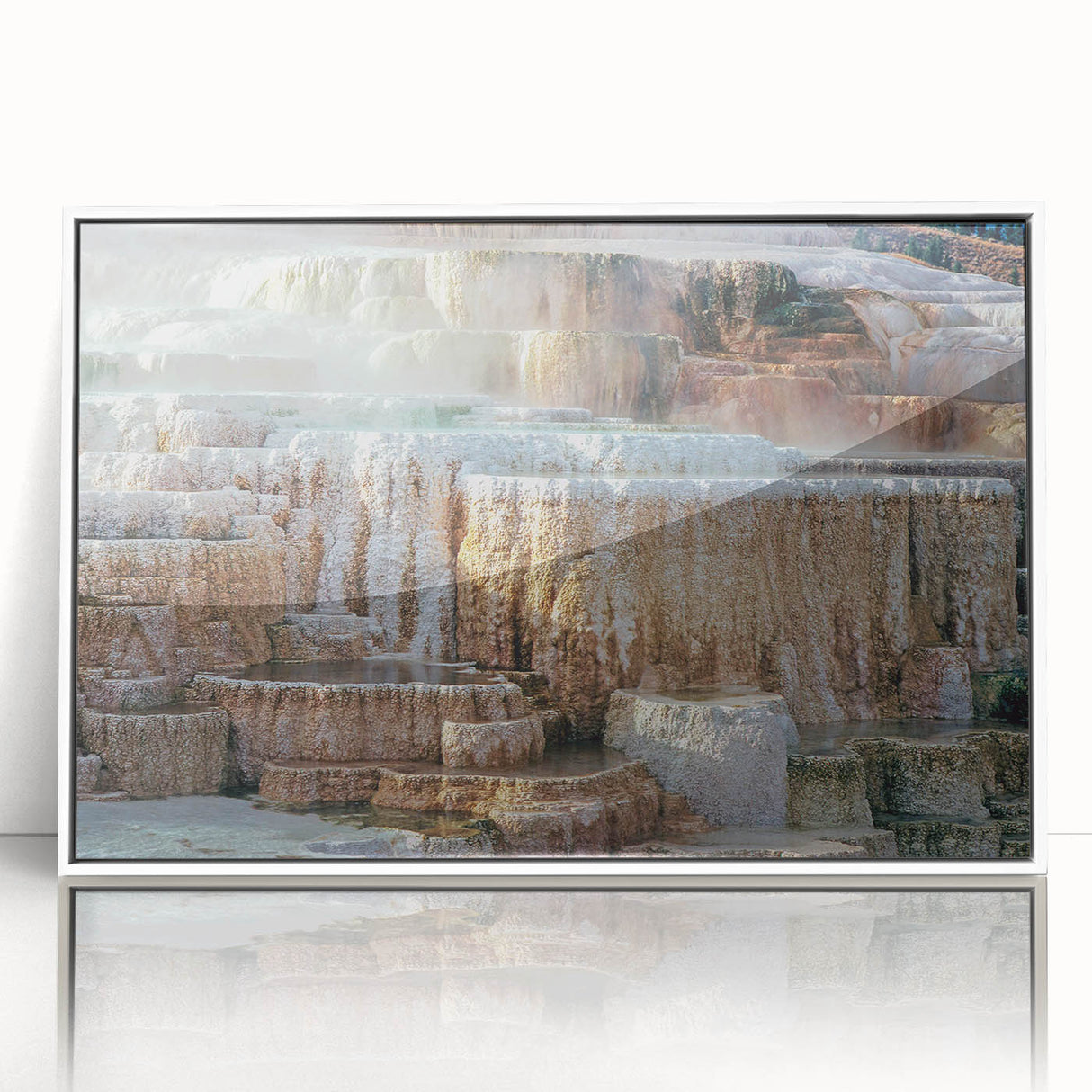 Acrylic print of Yellowstone scenery with muted earth tones in an art deco style, ideal for modern art wall decor.