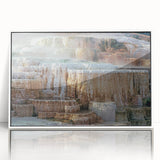 Acrylic print of Yellowstone scenery with muted earth tones in an art deco style, ideal for modern art wall decor.