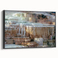 Black and white framed canvas of Yellowstone landscape, ideal for bedroom wall decor.